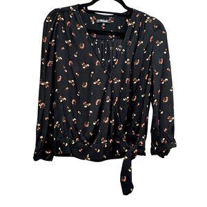 Madewell Black Floral Wrap Blouse With Puff Sleeves & Tie Waist Size M 100%